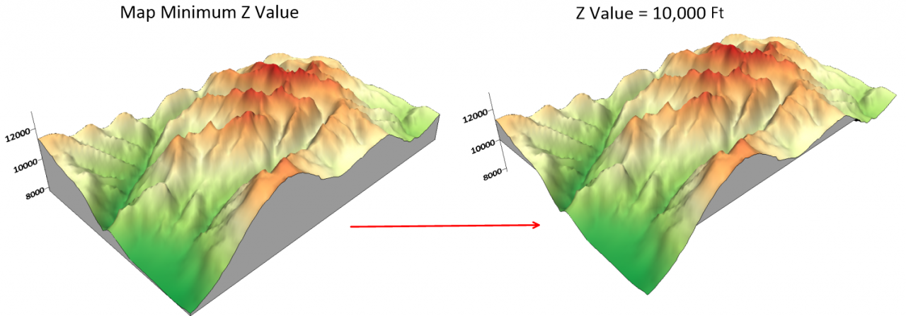 3D Surface map created in Surfer with custom base values