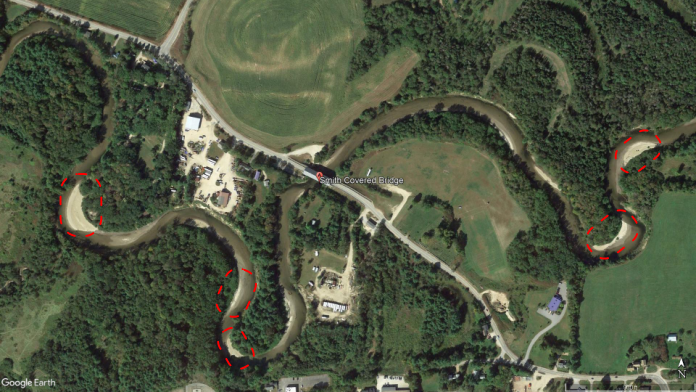 A stretch of the Baker River with deposition areas that may become oxbow lakes highlighted