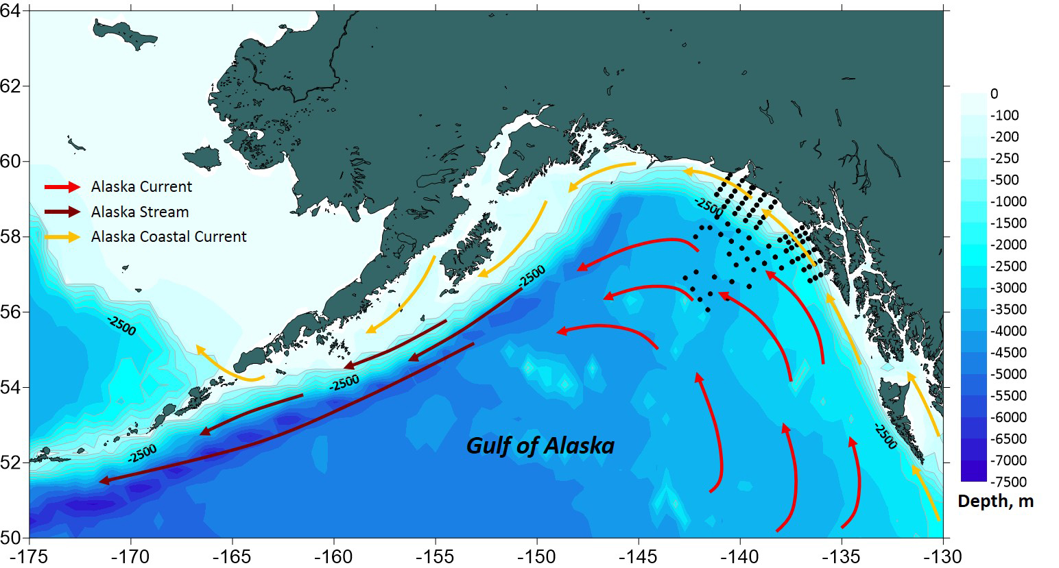 Water depth map illustrating the Gulf of Alaska currents created in Surfer