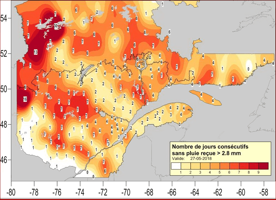 Consecutive days of little rain weather map created in Surfer