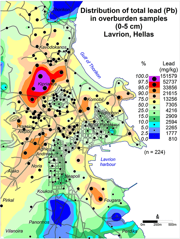Geochemical mapping of the distribution of lead in Lavrion, Hellas created in Surfer