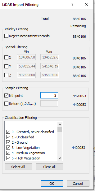 LiDAR Import Filtering Dialog in Surfer