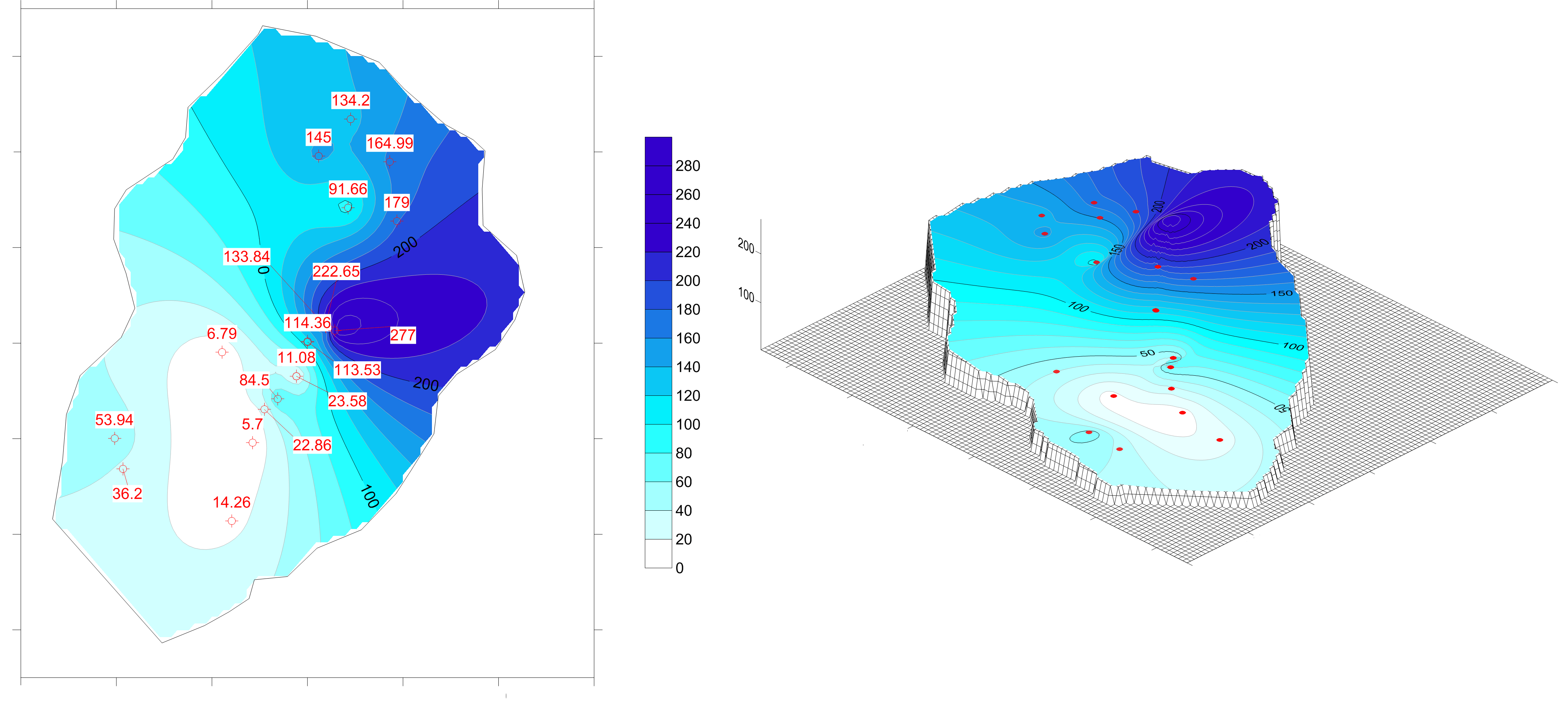 Groundwater depth map highlighting three distinct regions created in Surfer