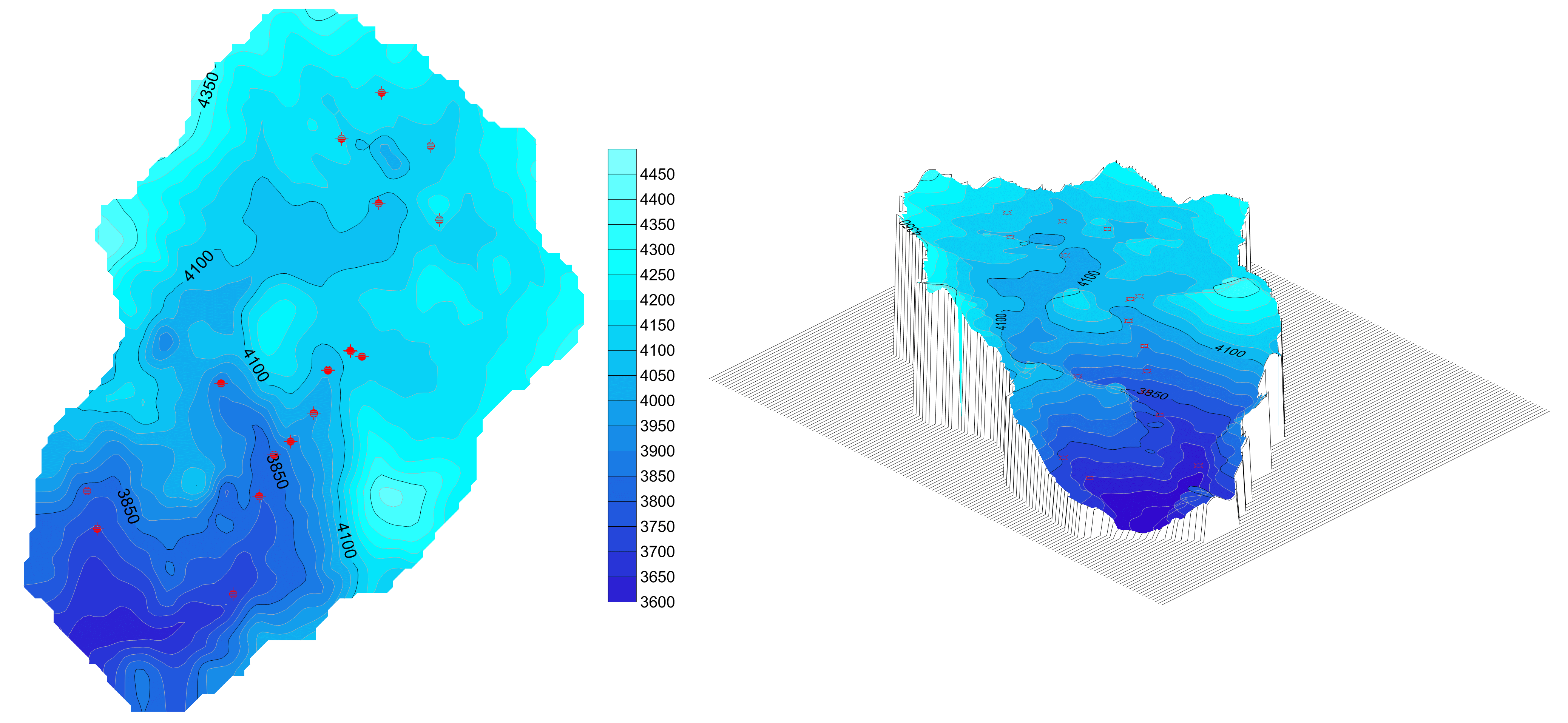 Groundwater elevation map highlighting three distinct regions