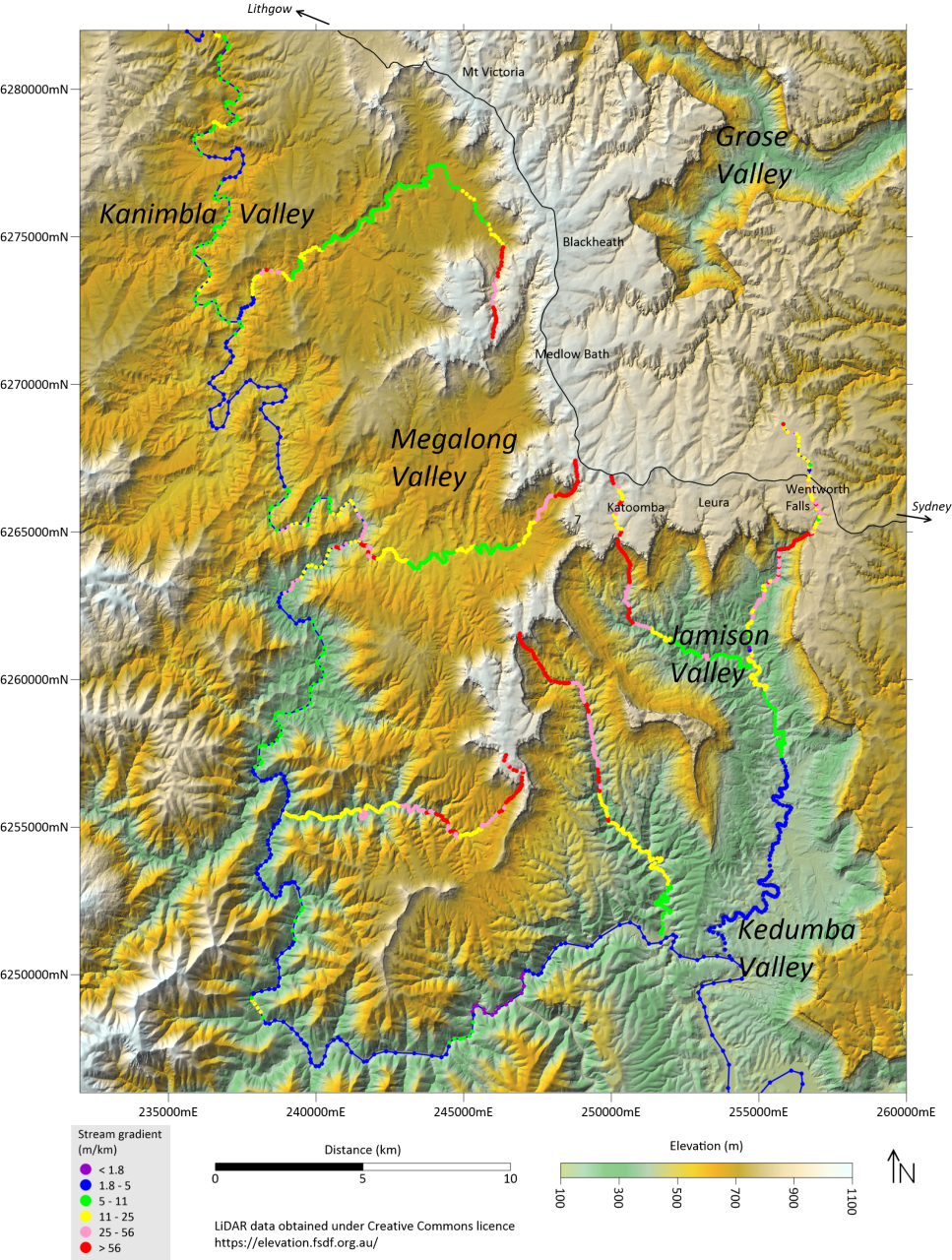 Topography map of the Katoomba Valleys created by processing LiDAR data in Surfer