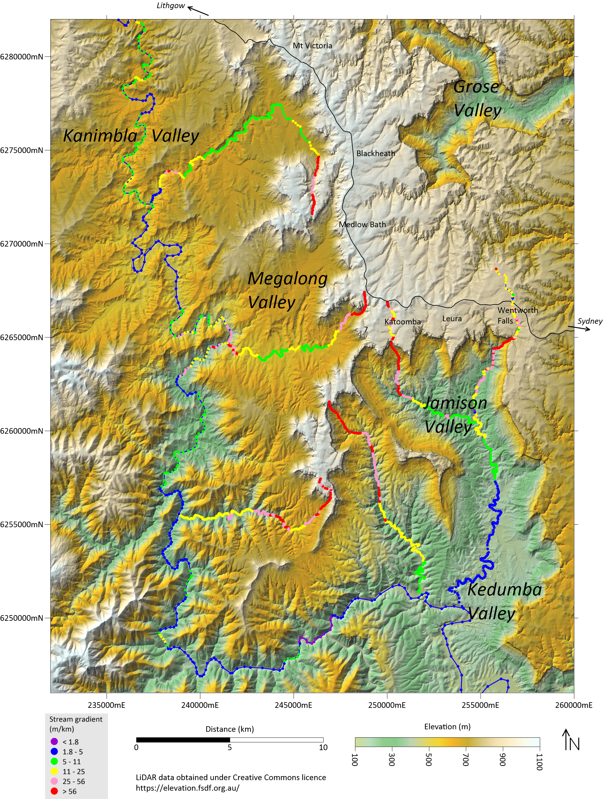 Topography map of the Katoomba Valleys created with LiDAR data and Surfer