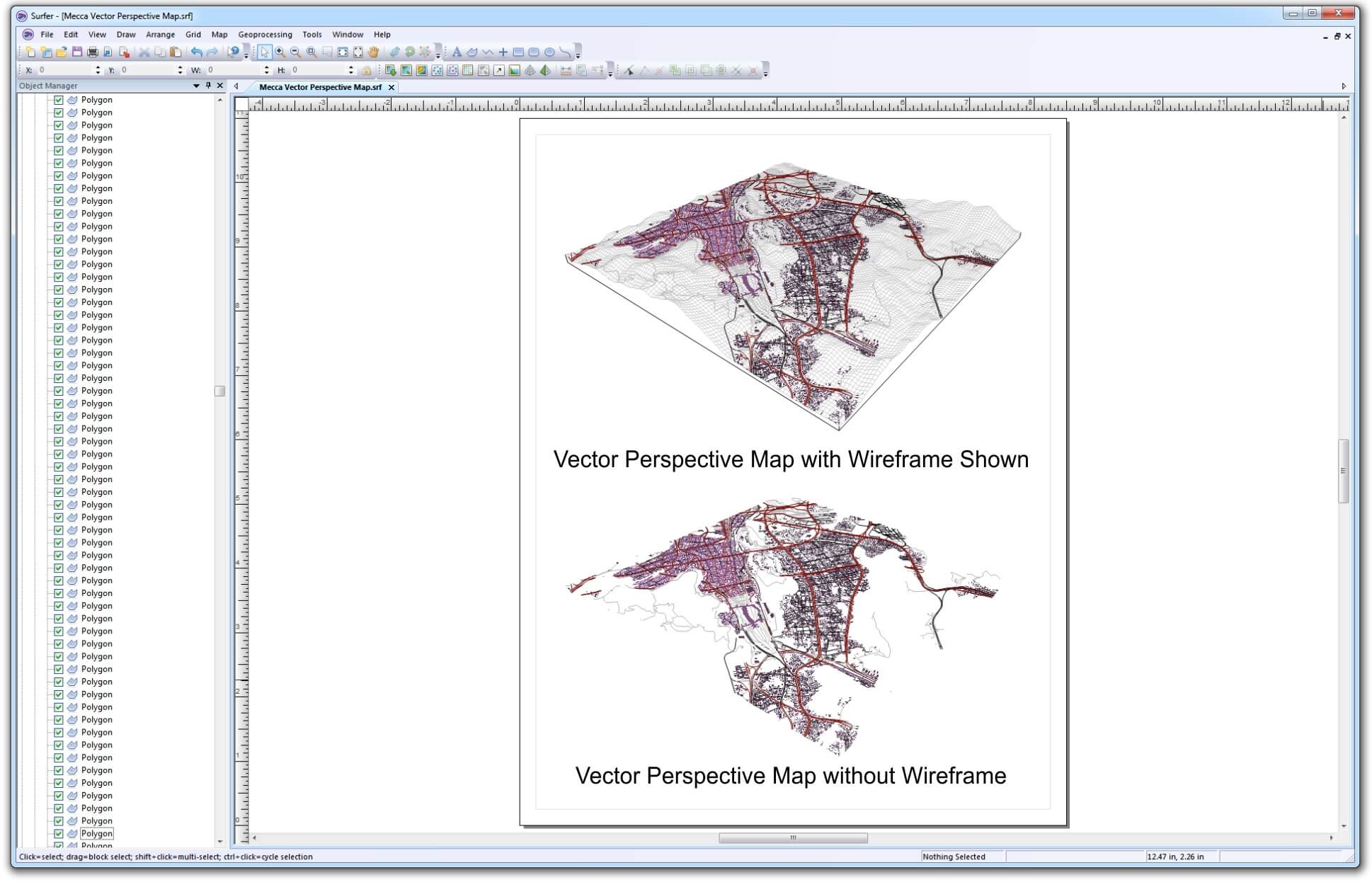 3D wireframe map created in Surfer with vector. SHP file overlays