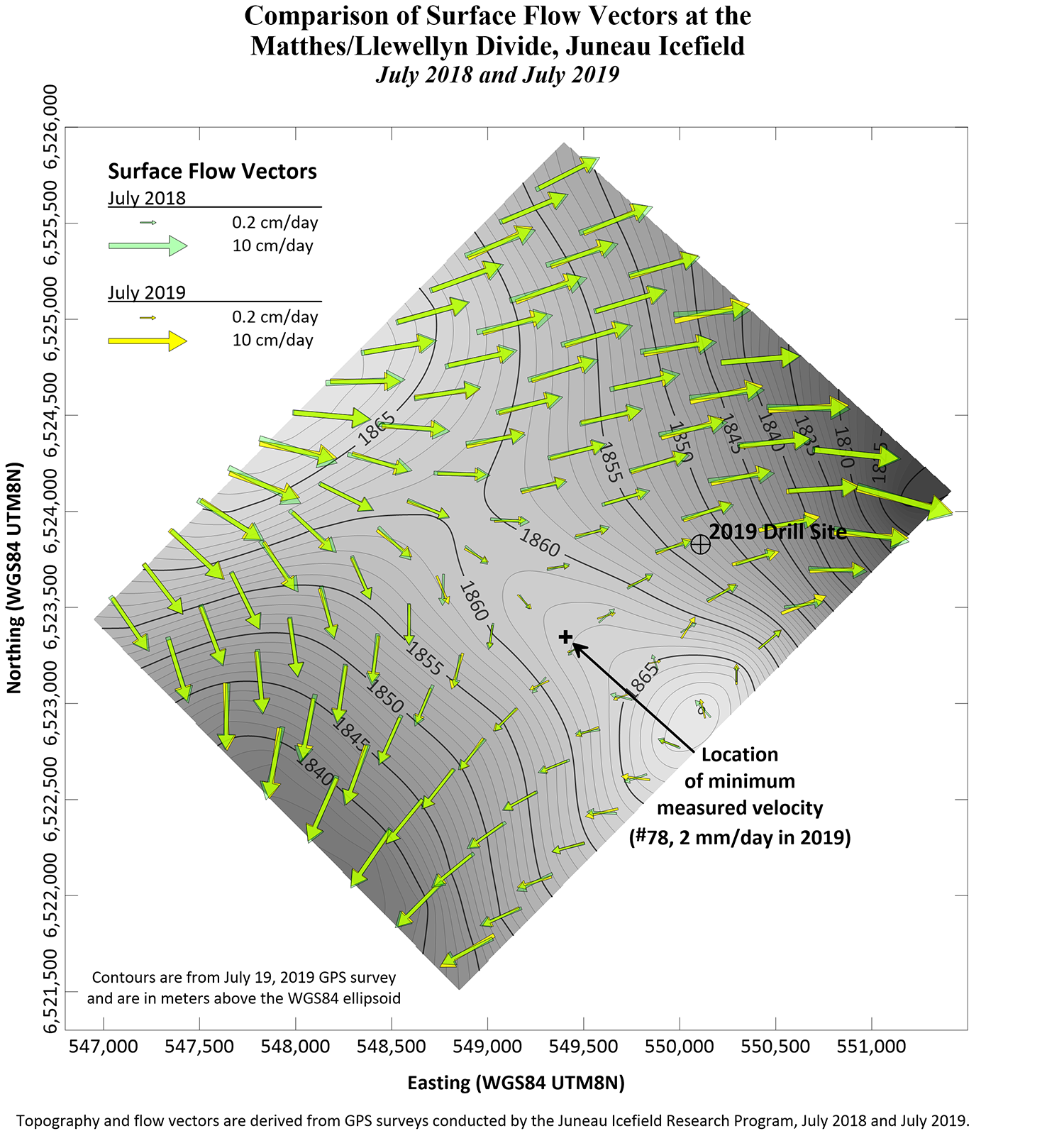Glacial water surface flow map created in Surfer