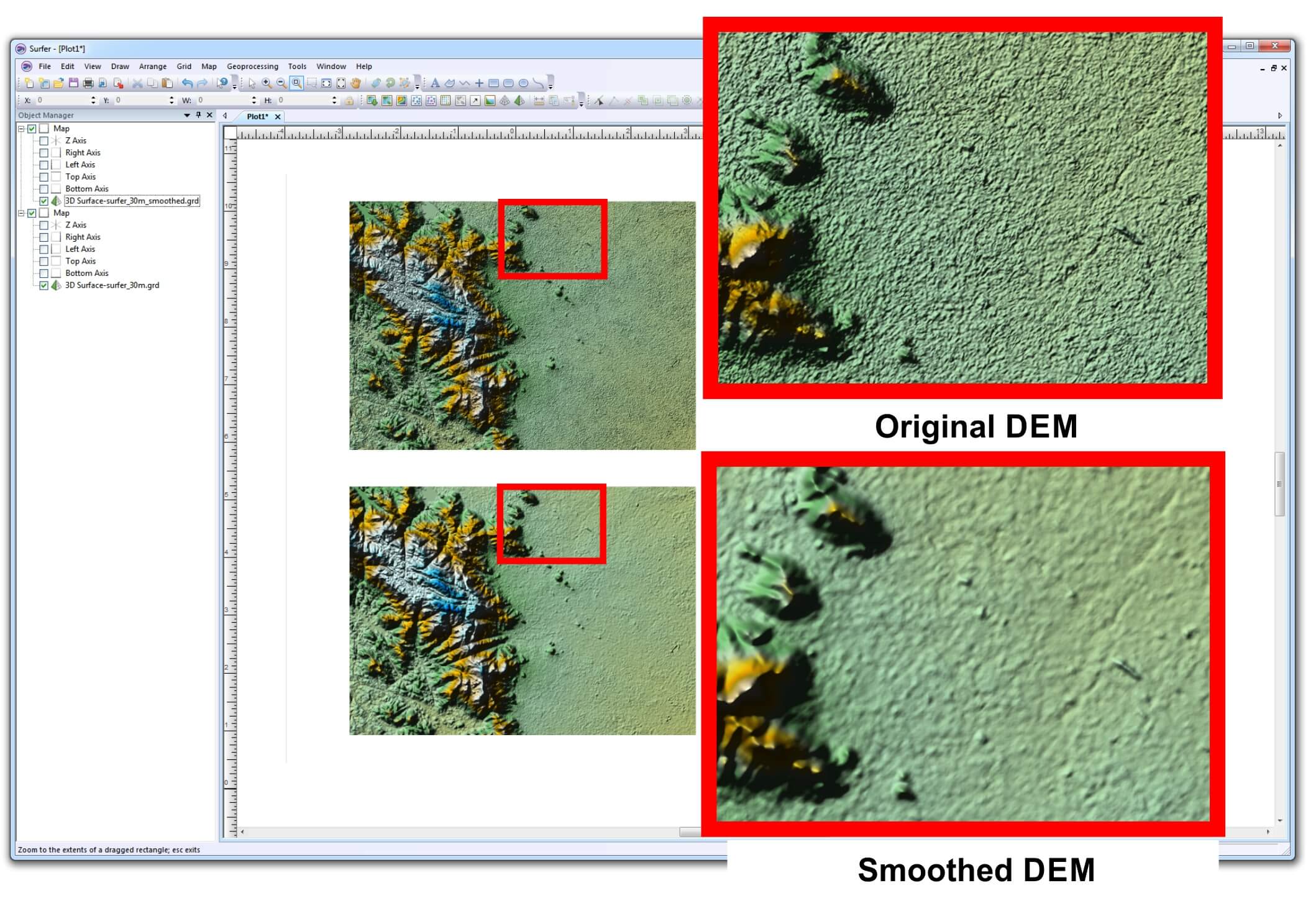 Before and after a DEM file is smoothed using Surfer