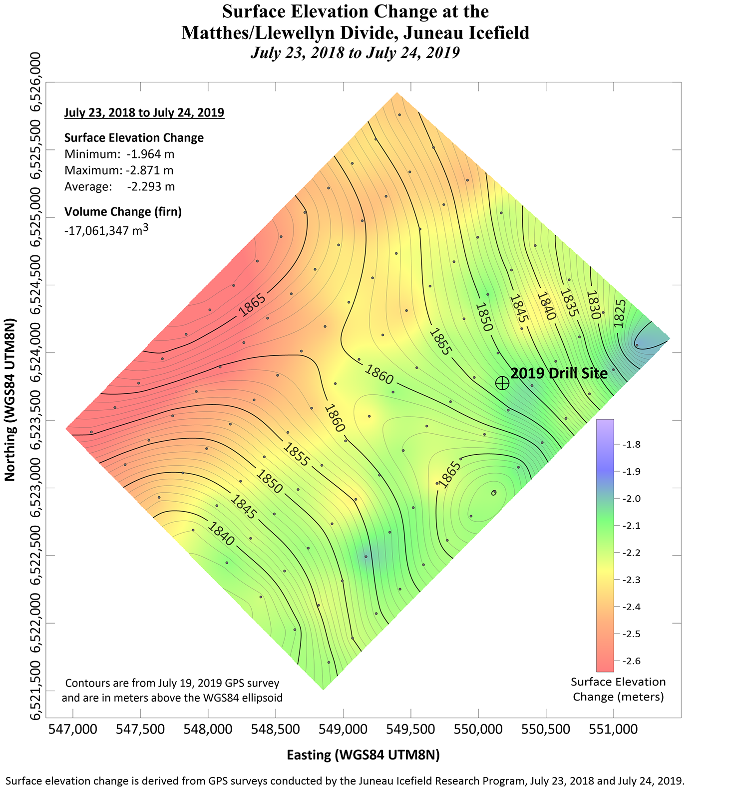 Glacier thickness change map created in Surfer