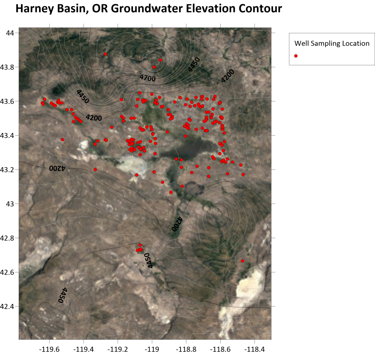 Monitoring well locations overlaid on aerial imagery of Harney Basin, OR. Created in Surfer.