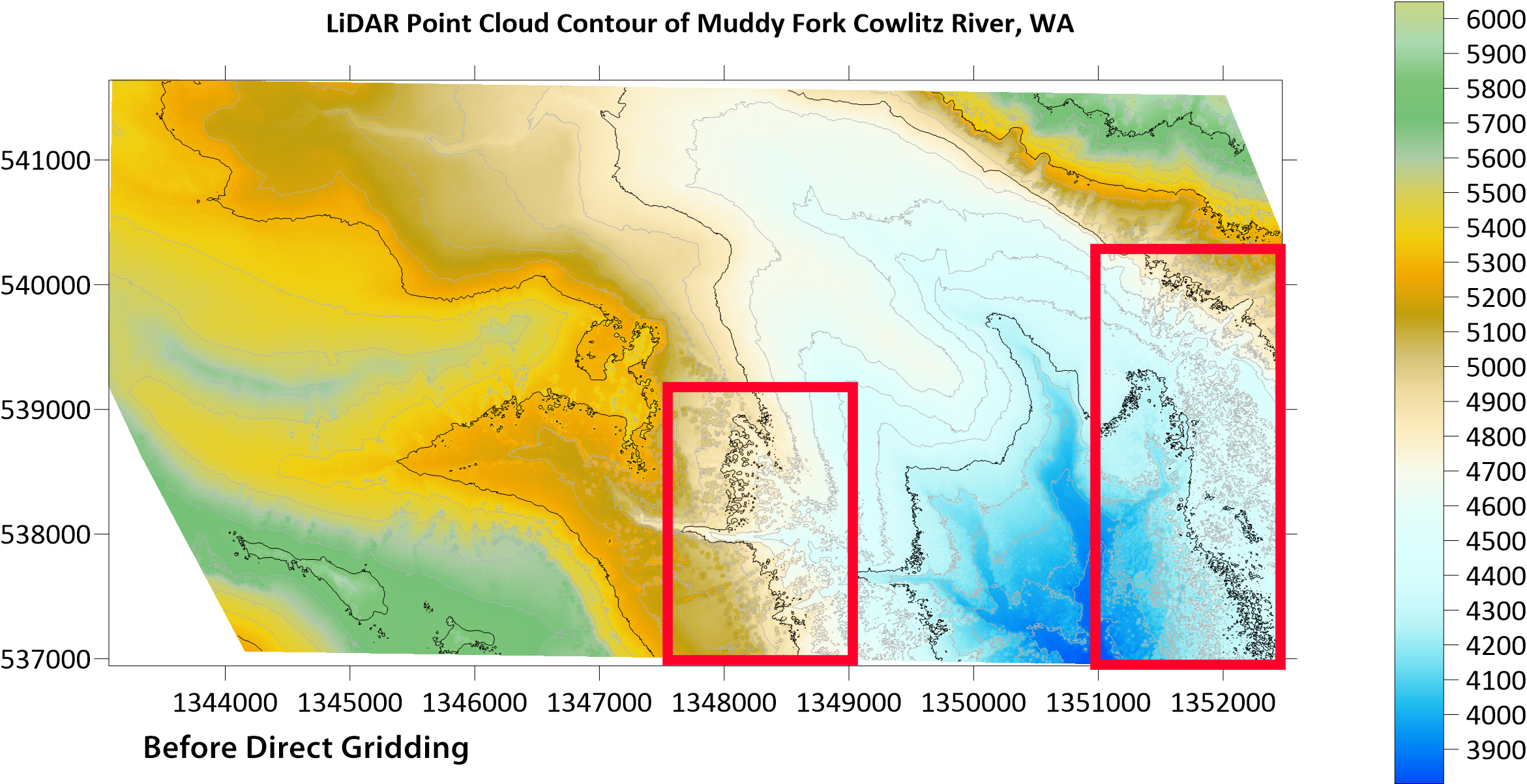 LiDAR point cloud contour map before direct gridding and grid mosaic