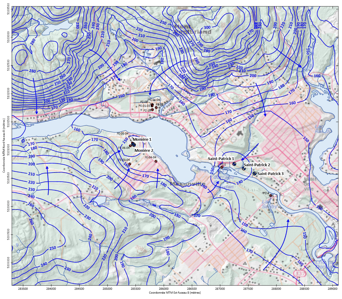 Potentiometric contours and groundwater flow map generated in Golden Software Surfer