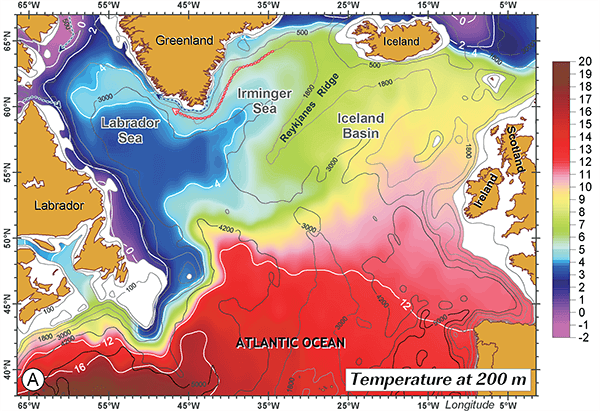 Contour map of oceanic temperature at 200 meters generated in Surfer 2D & 3D mapping & modeling software
