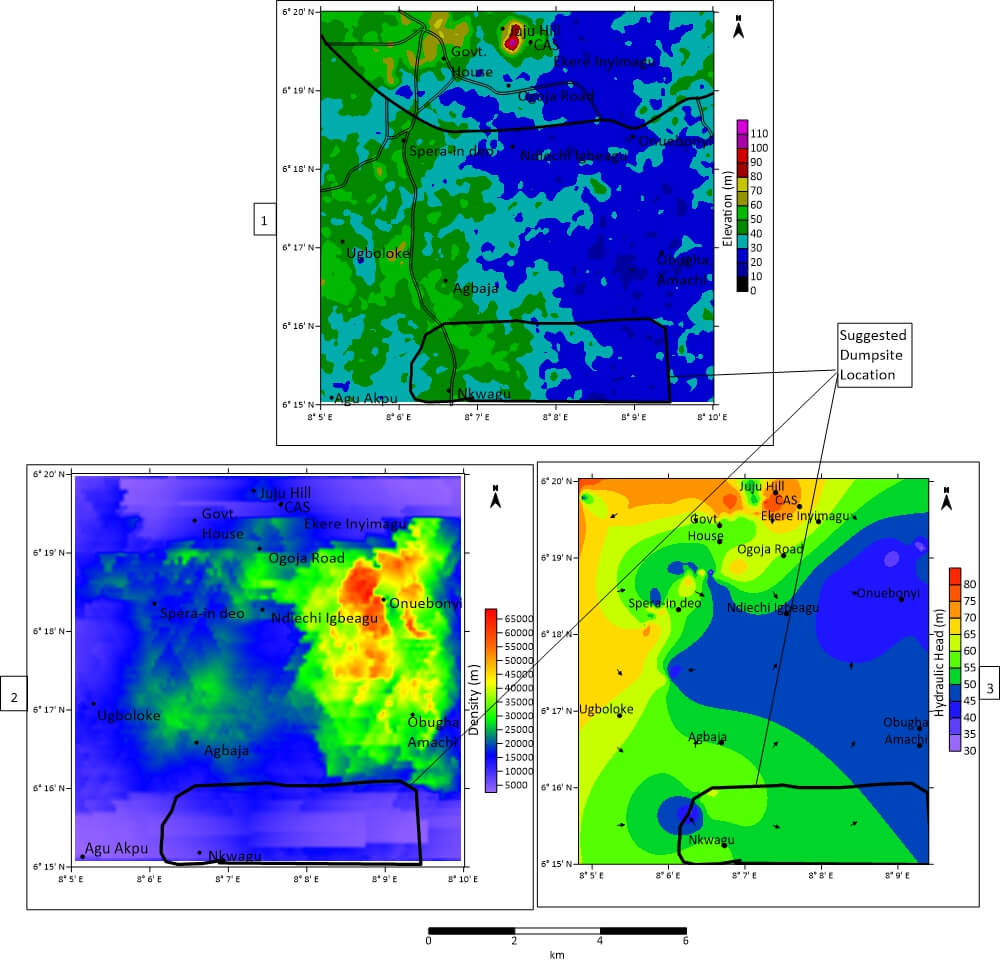 Topographic, linament, and hydraulic head maps showing the suggested waste disposal location
