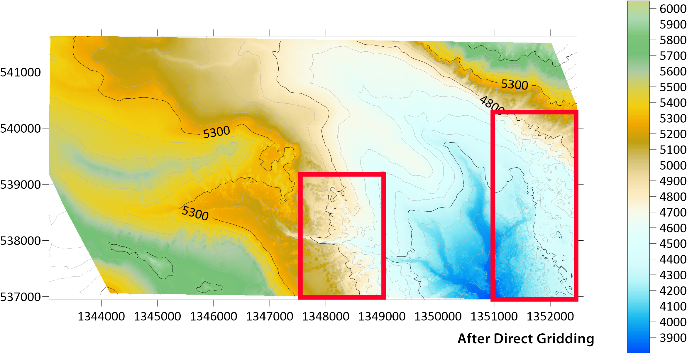 LiDAR point cloud contour map after direct gridding and grid mosaic