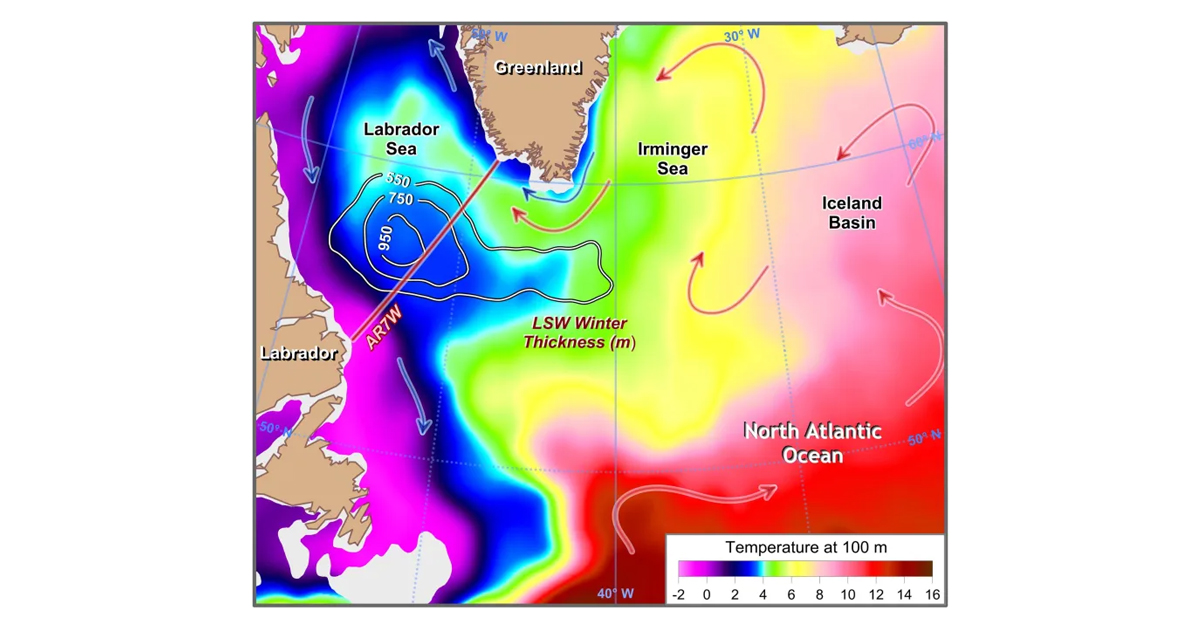 Labrador Sea current and water temperature map created with Surfer