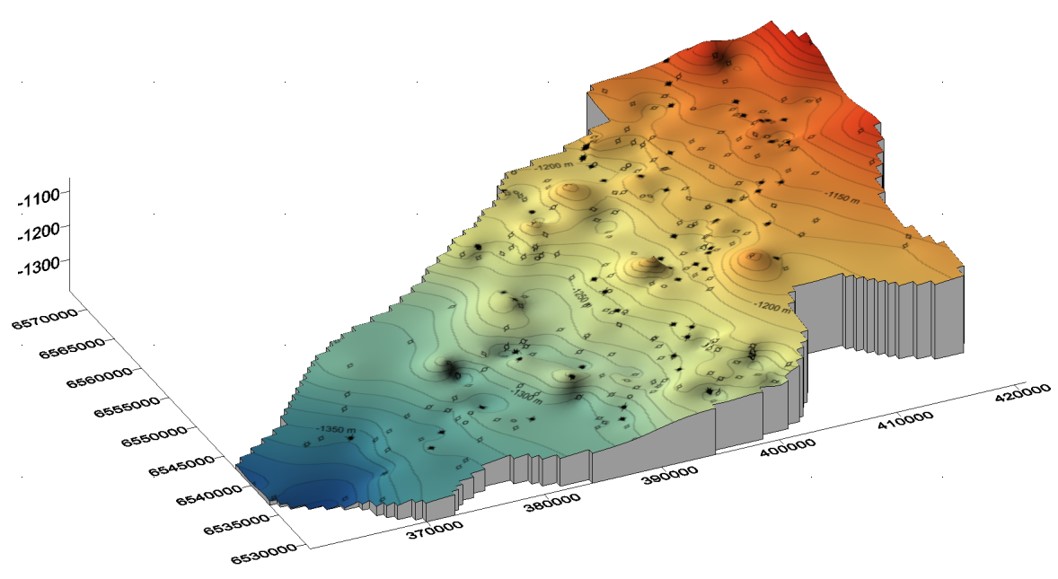 Subsurface contours used to identify drilling locations created in Surfer