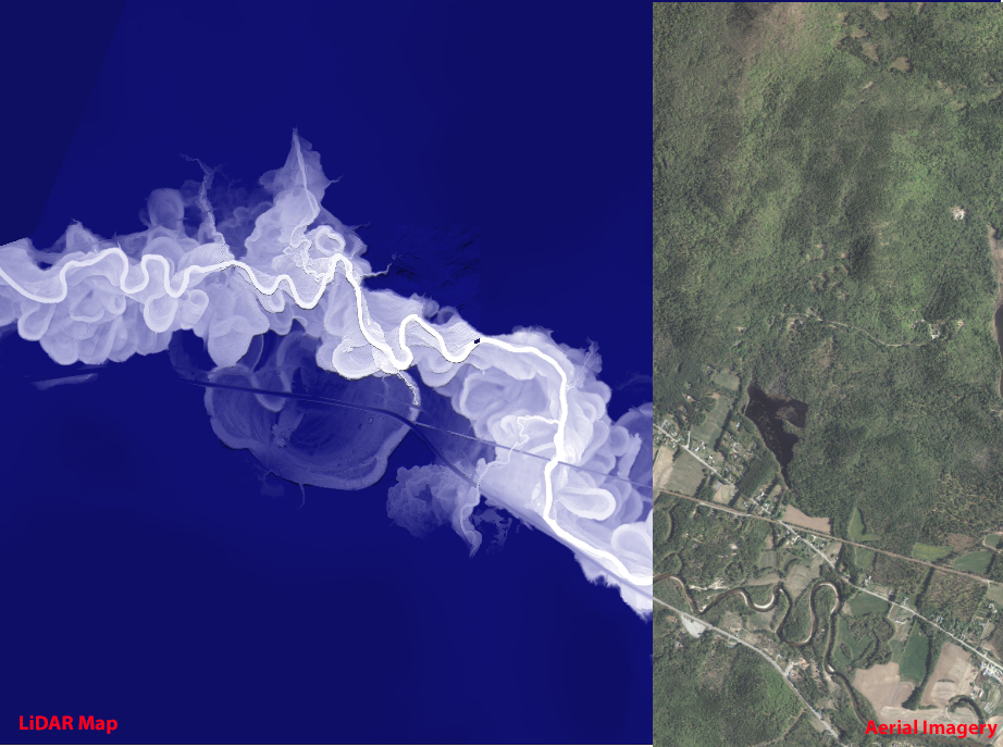 LiDAR Map created in Surfer compared to aerial image of the Baker River