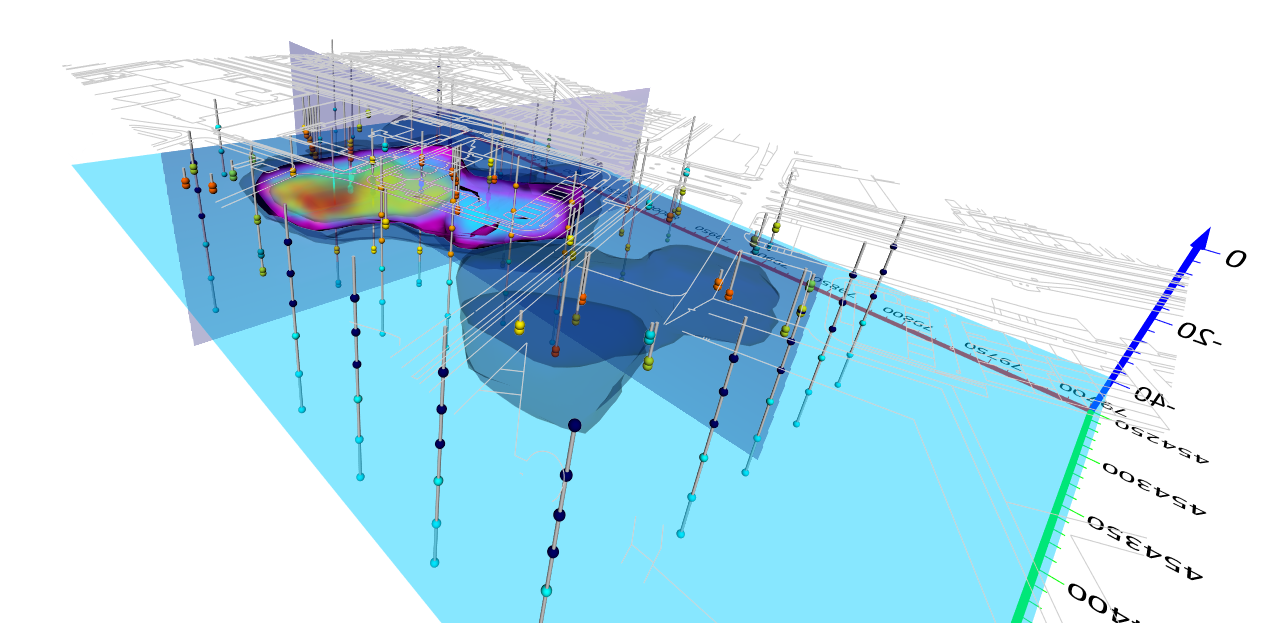 3D contamination model with wells created in Surfer