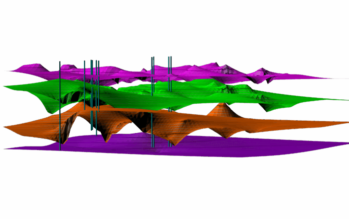 This model in Surfer's 3D View includes multiple layers and smaller drillholes.