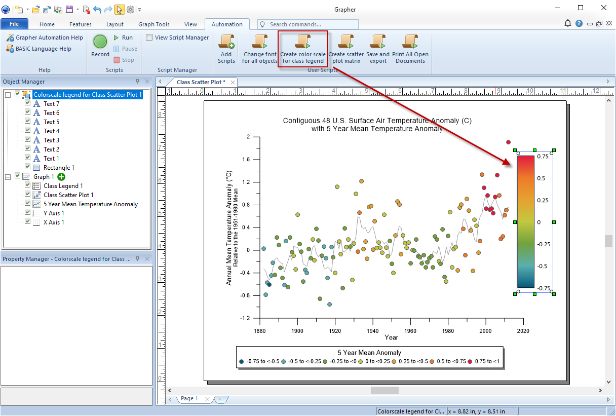 The image shows a color scale that was created using the new script in Grapher.