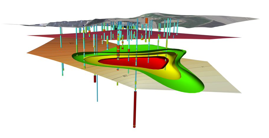 Contact Surfaces from Drillhole Data This 3D model incorporates different types of data to provide a realistic look at the surface and subsurface.