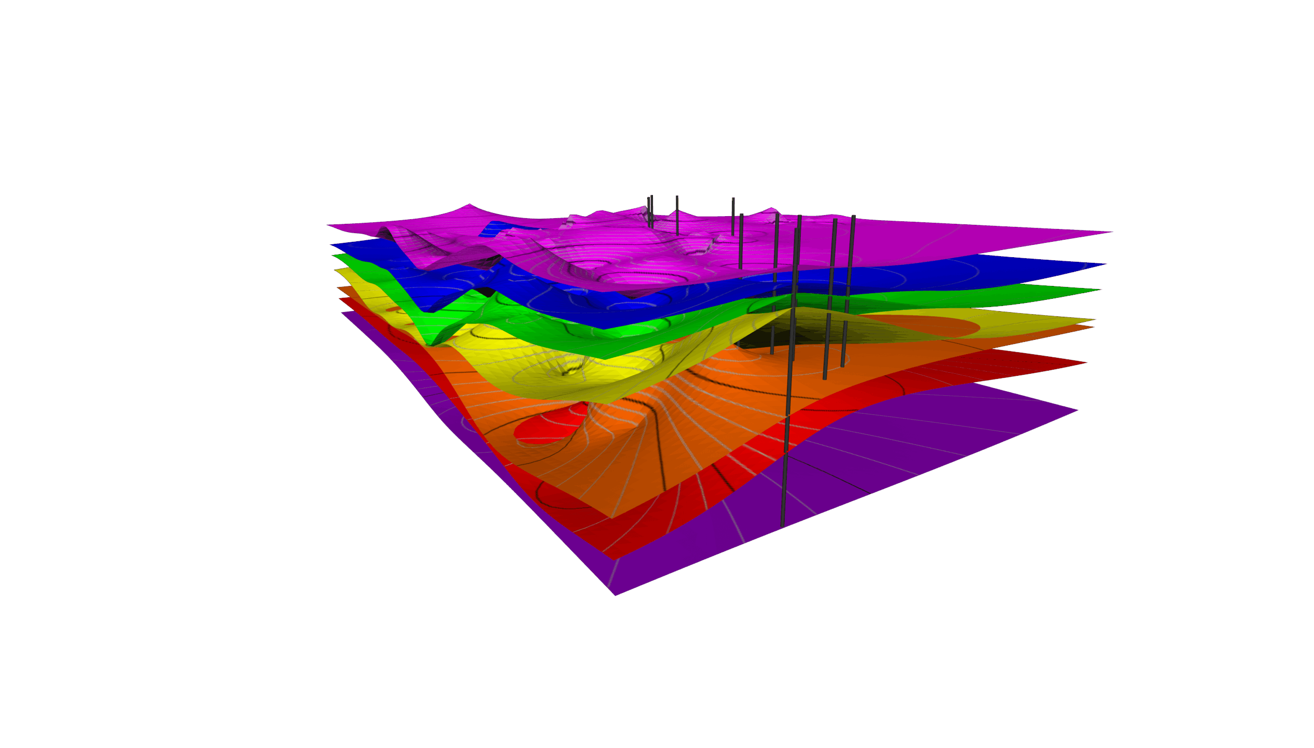 Drillholes and the Subsurface This 3D model highlights various subsurface layers and drillhole paths.