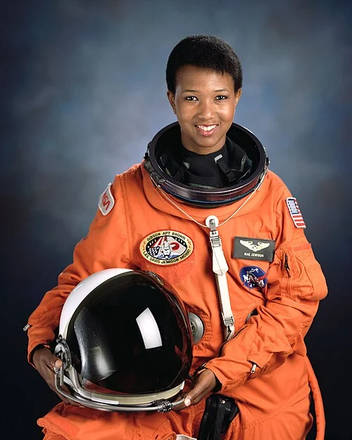 This image shows Mae Jemison, the first Black woman to travel to space, which she did aboard the Space Shuttle Endeavour.
