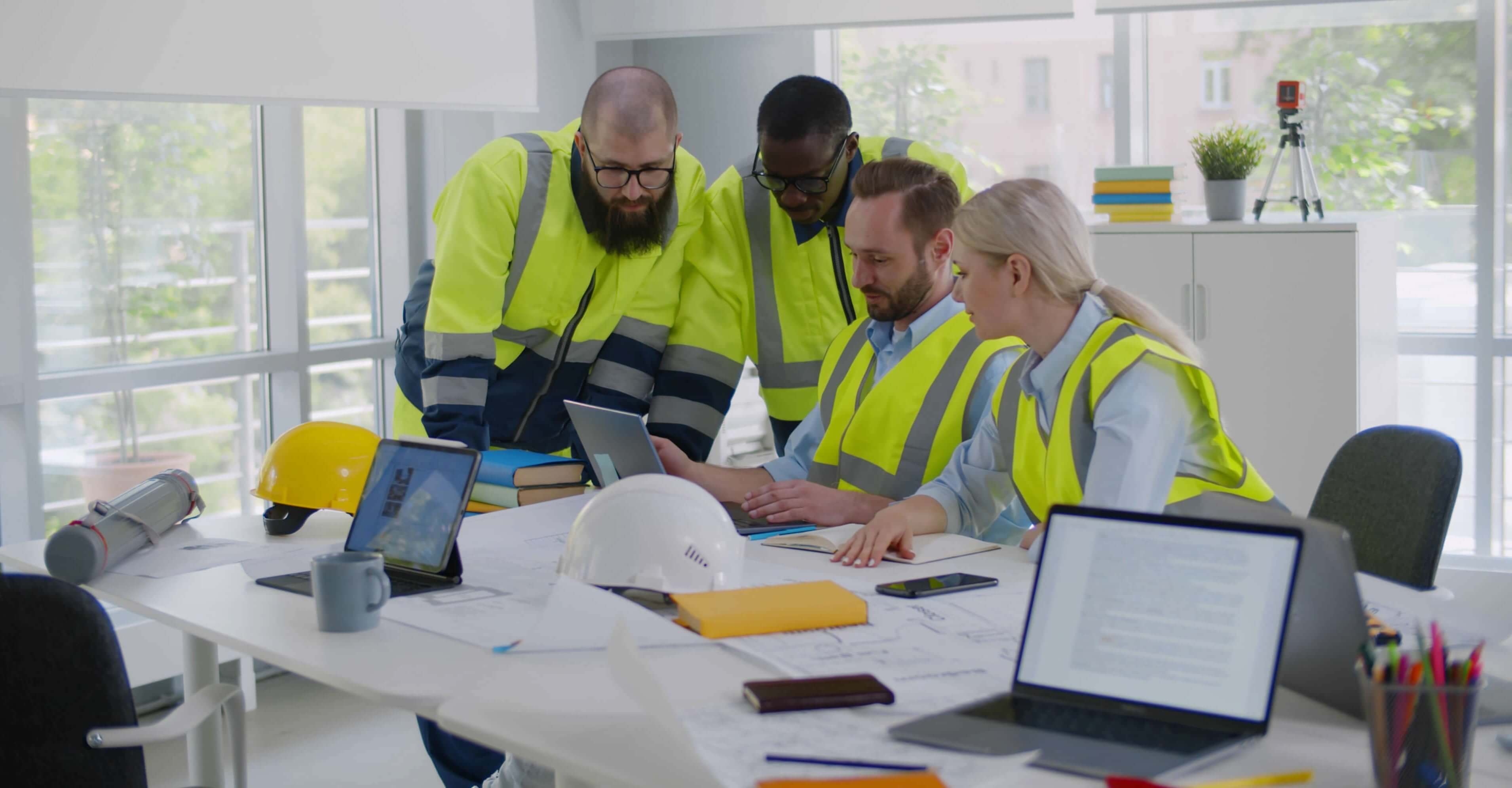 This image shows a group of engineers using workplace productivity hacks to complete projects on time.