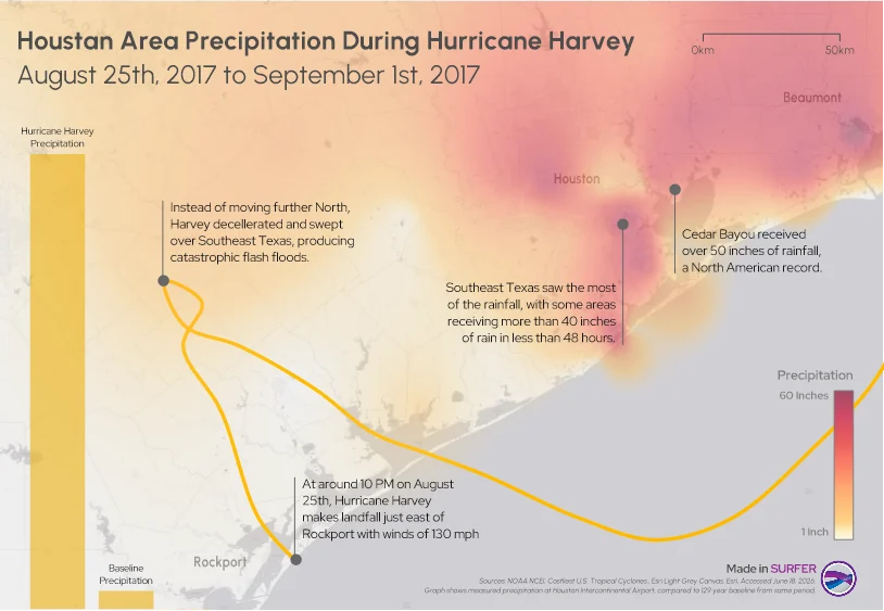 This map shows the Houston area precipitation during Hurricane Harvey.