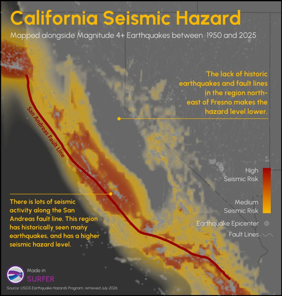 This California seismic hazard map shows earthquakes activity with a magnitude four or higher between 1950 and 2025, providing great insight for infrastructure resilience.