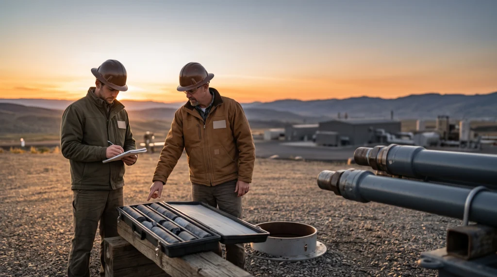 This images shows a team reviewing cores beside a borehole, a task you might do in mineral exploration.
