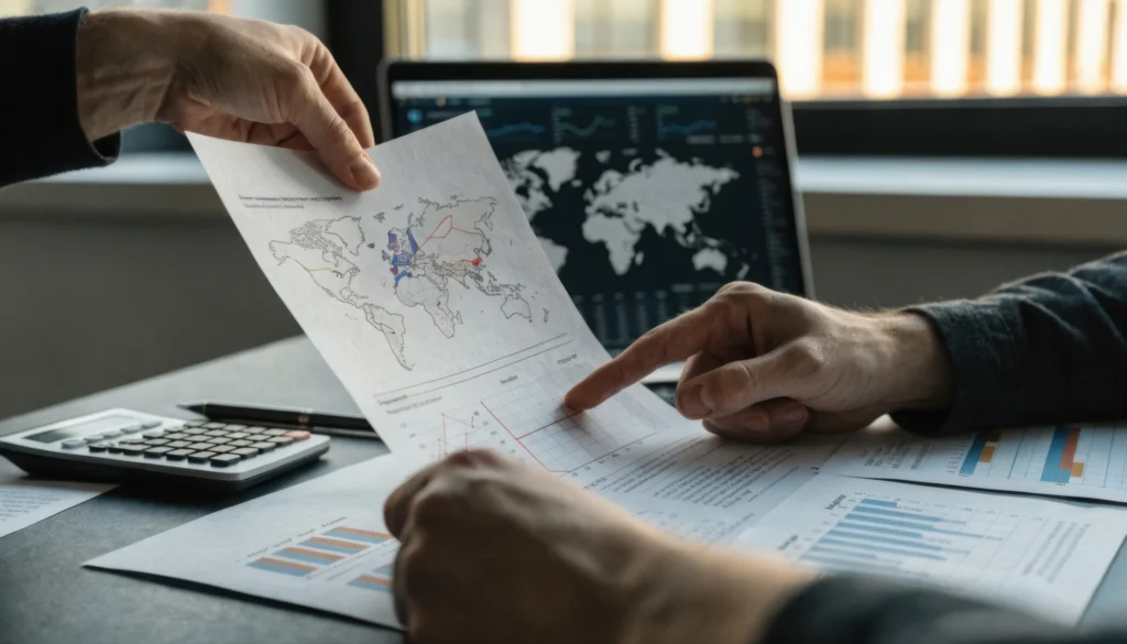 Two professionals analyze printed graphs and maps, both of which are great for visualizing technical data.