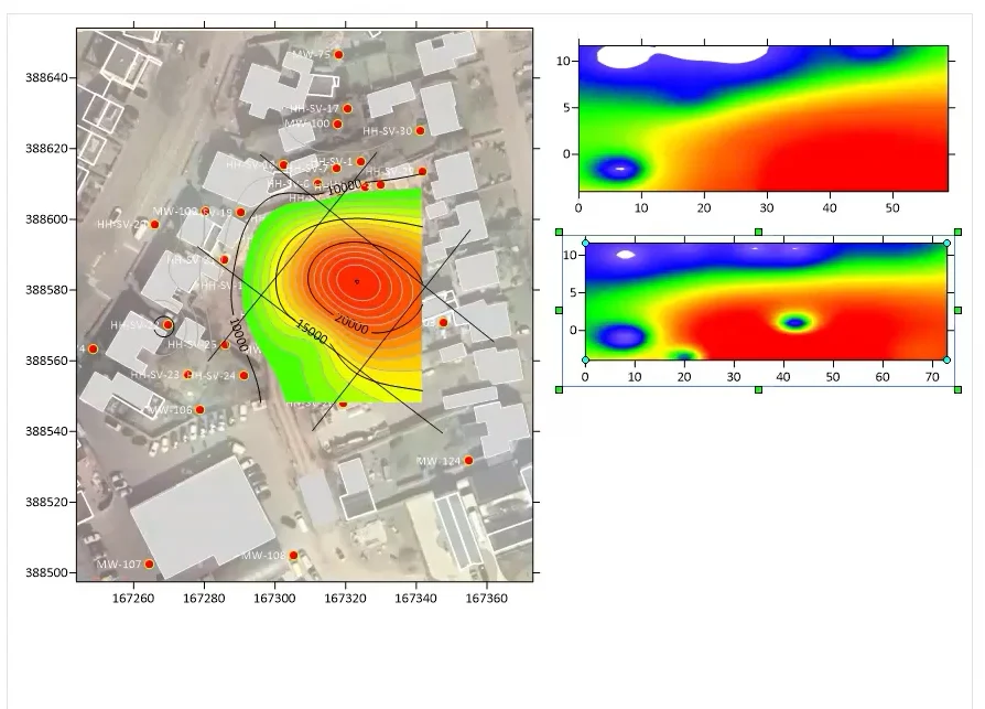 This visual has 2D cross sections, which were created from a 3D model that was saved as a grid.