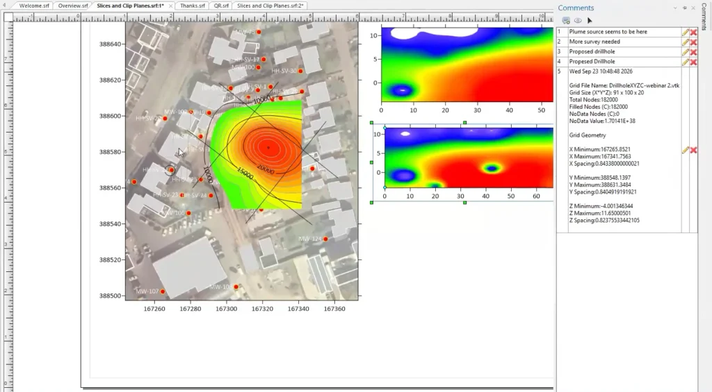 This visual shows Surfer's 2D plot window, where you can leave comments on your documents.